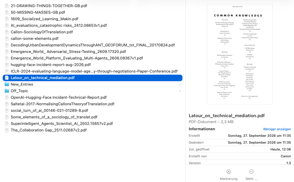 Literaturordner des Projekts: PDFs von Callon, Latour und aktuelle Papers zu Multi-Agenten-Systemen, daneben die Vorschau von Latours „On Technical Mediation“